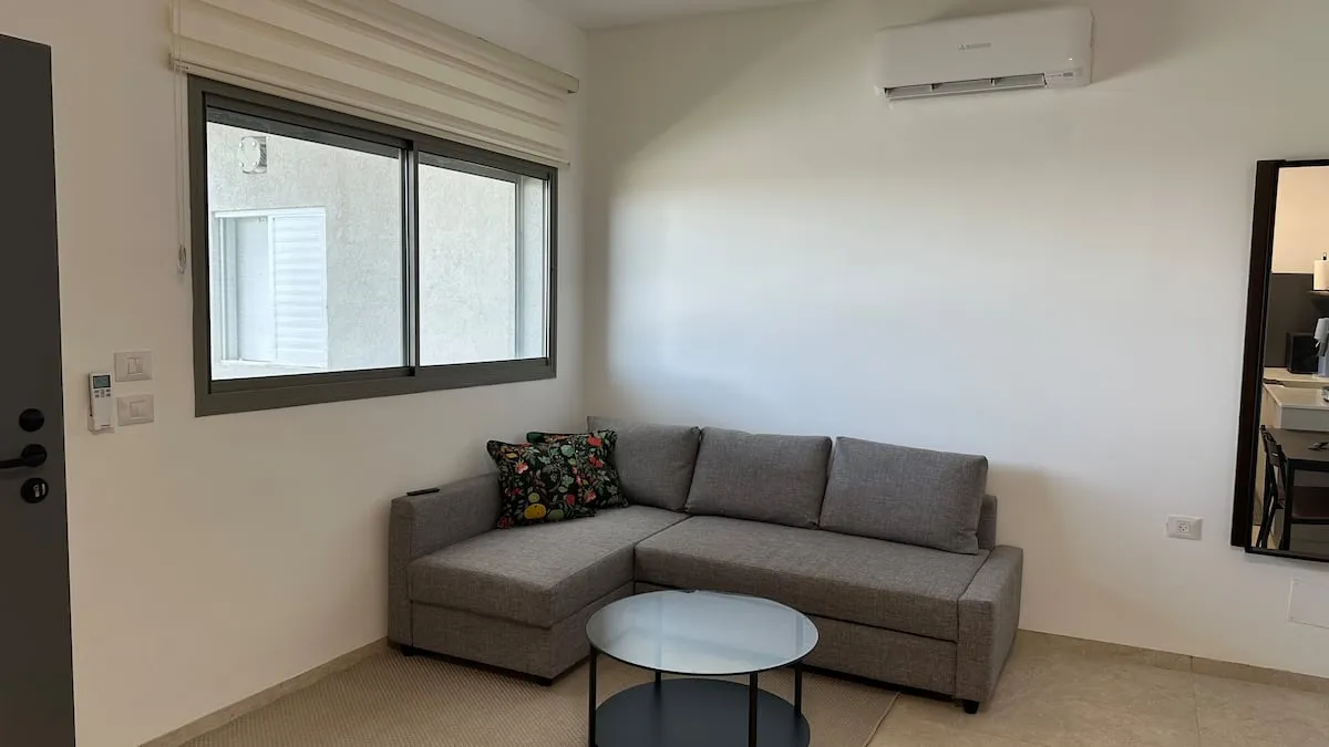 Bright living room with sofa and coffee table